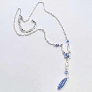 NWOT - Blue Cats Eye & Enamel Shiny Silver Tone 15” Y Style Necklace